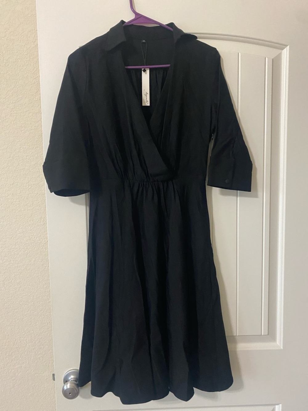 Women’s Black Midi Wrap Dress with Short Sleeves
